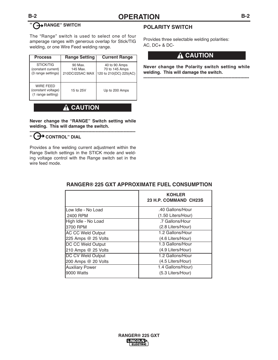Operation, Caution | Lincoln Electric IM969 RANGER 225 GXT User Manual | Page 18 / 36
