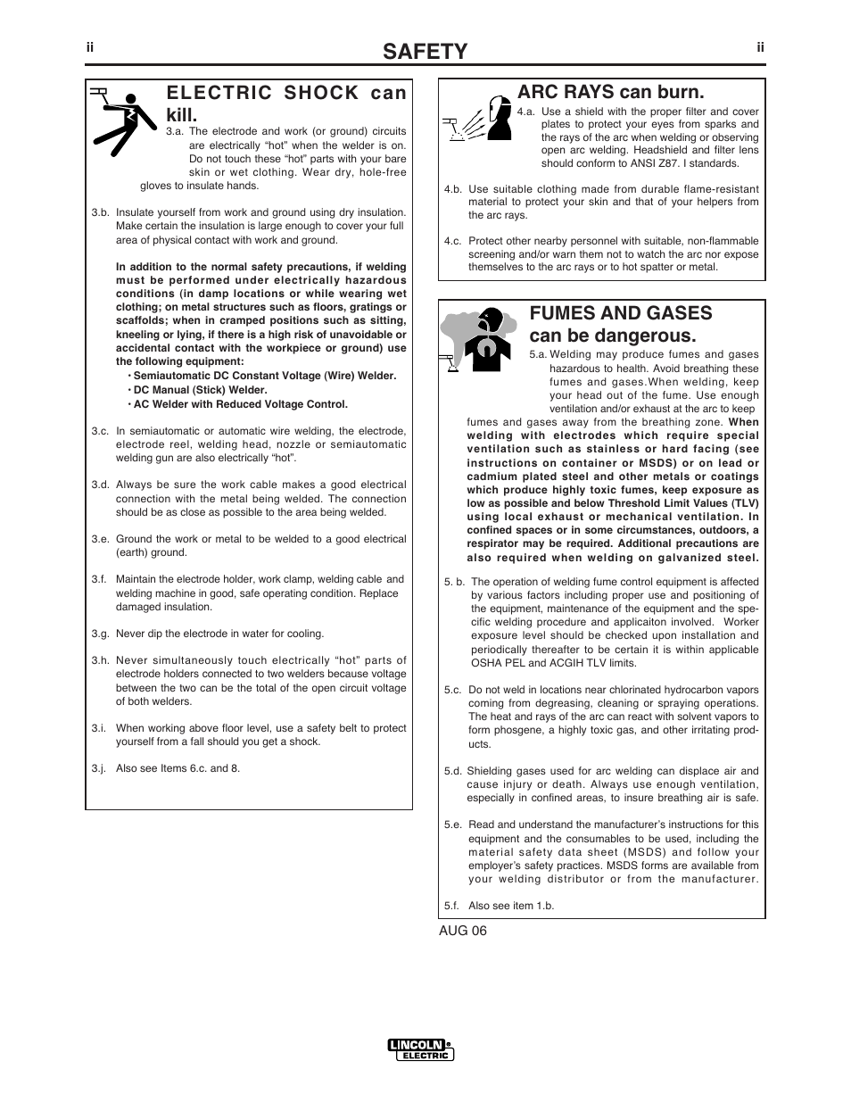 Safety, Arc rays can burn, Electric shock can kill | Fumes and gases can be dangerous | Lincoln Electric IM969 RANGER 225 GXT User Manual | Page 3 / 36