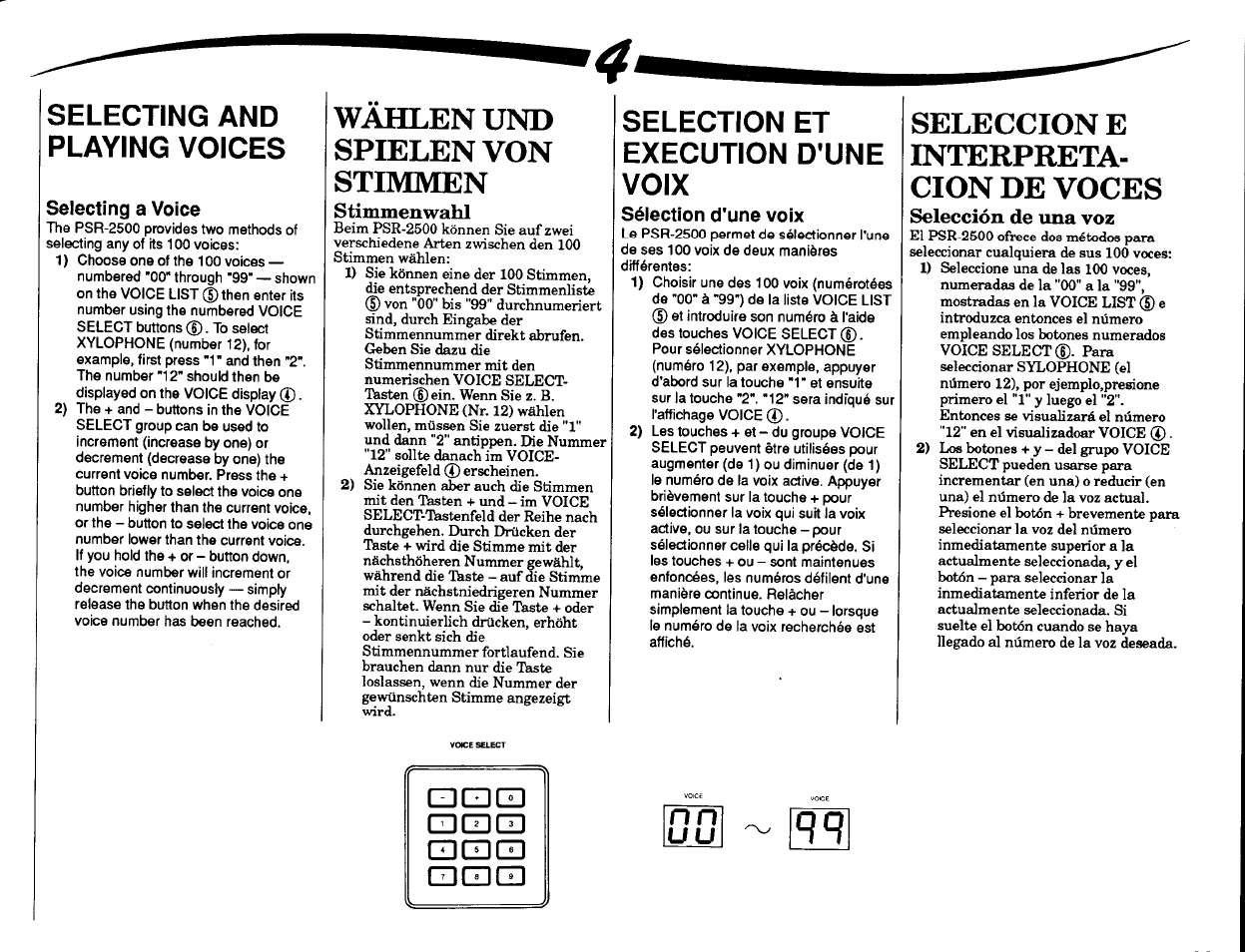 Selecting a voice, Stimmenwahl, Sélection d'une voix | Selección de una voz, N n u u, Wahlen und spielen von stimmen, Seleccion e interpreta­ cion de voces, Cd coci] cd cd cd, Selecting and playing voices, Selection et execution d'une voix | Yamaha PSR-2500 User Manual | Page 13 / 68