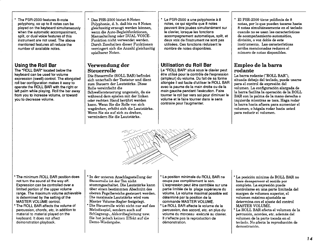 Using the roll bar, Verwendung der steuerrolle, Utilisation du roll bar | Empleo de la barra rodante | Yamaha PSR-2500 User Manual | Page 15 / 68