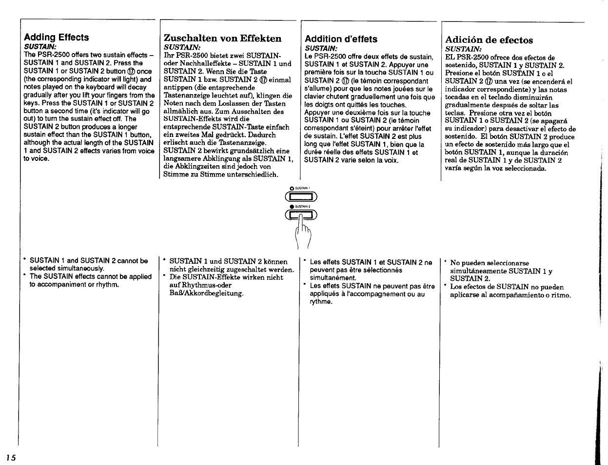 Adding effects, Zuschalten von effekten, Addition d'effets | Adición de efectos, Sustain | Yamaha PSR-2500 User Manual | Page 16 / 68