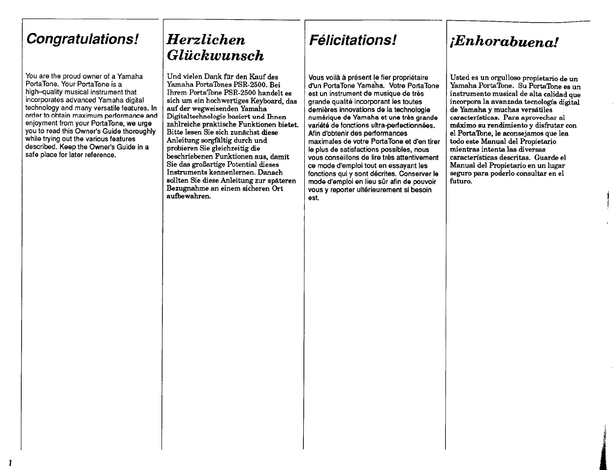 Herzlichen glückwunsch, Enhorabuena, Félicitations | Yamaha PSR-2500 User Manual | Page 2 / 68