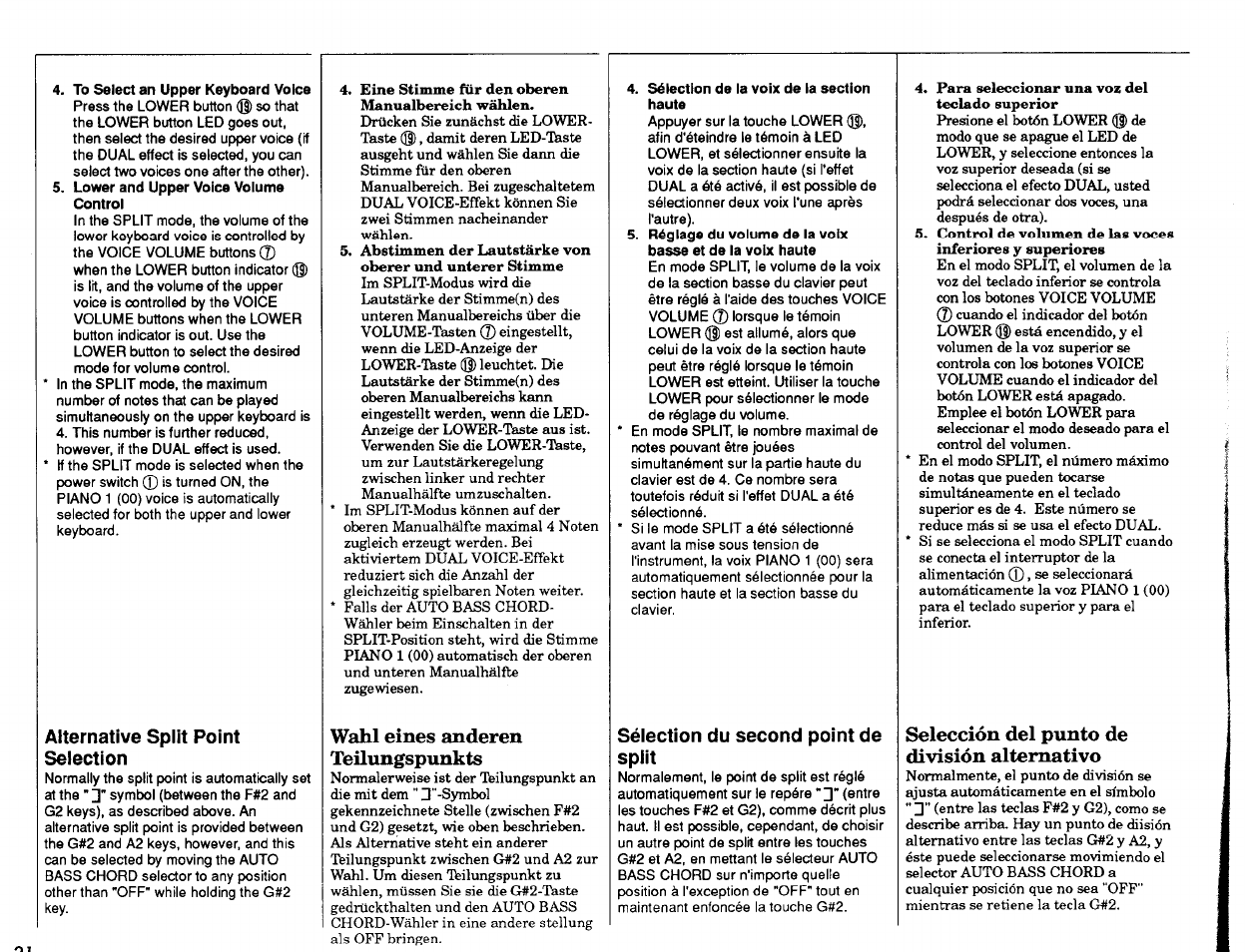 To select an upper keyboard voice, Lower and upper voice volume control, Alternative split point selection | Wahl eines anderen teilungspunkts, Sélection de la voix de la section haute, Sélection du second point de split, Selección del punto de división alternativo, Alternative split point, Selection, Wahl eines anderen tfeilungspunkts | Yamaha PSR-2500 User Manual | Page 22 / 68