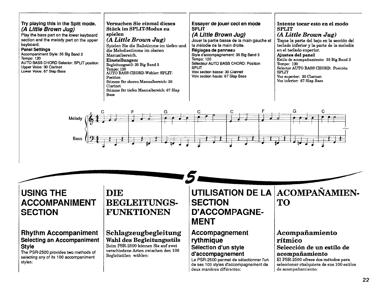 Panel settings, Réglages de panneau, Acompanamien | Acompañamiento, Rítmico, Selección de un estilo de acompañamiento, Begleitungs, Funktionen, Acompanamien to, Using the | Yamaha PSR-2500 User Manual | Page 23 / 68