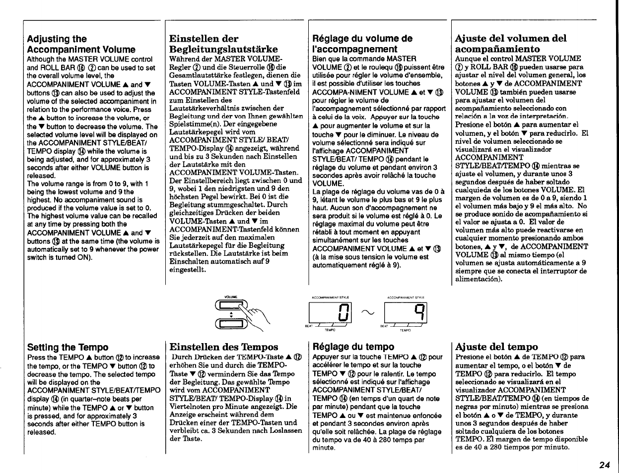 Adjusting the accompaniment voiume, Setting the tempo, Einstellen der begleitungslautstärke | Réglage du volume de l'accompagnement, Réglage du tempo, Ajuste del volumen del acompañamiento, Ajuste del tempo, Einstellen des tempos | Yamaha PSR-2500 User Manual | Page 25 / 68