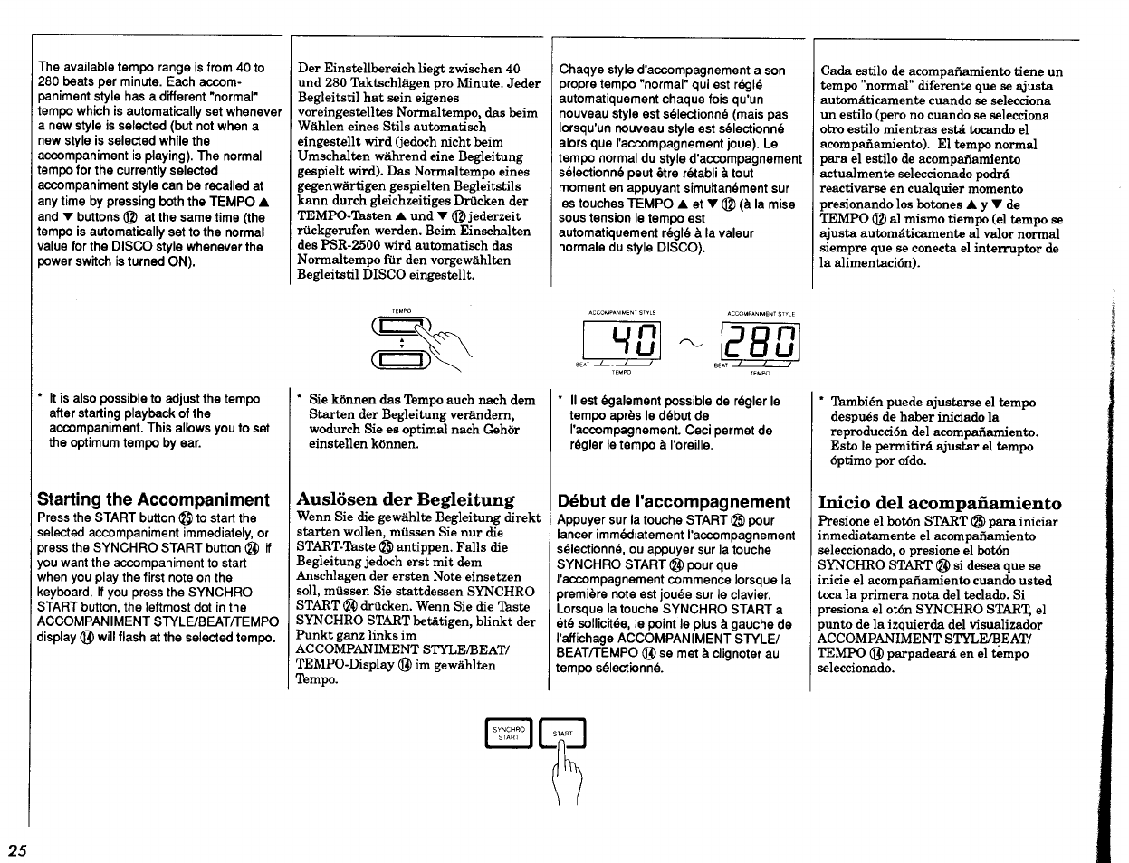 Starting the accompaniment, Auslösen der begleitung, Début de l'accompagnement | Inicio del acompañamiento | Yamaha PSR-2500 User Manual | Page 26 / 68