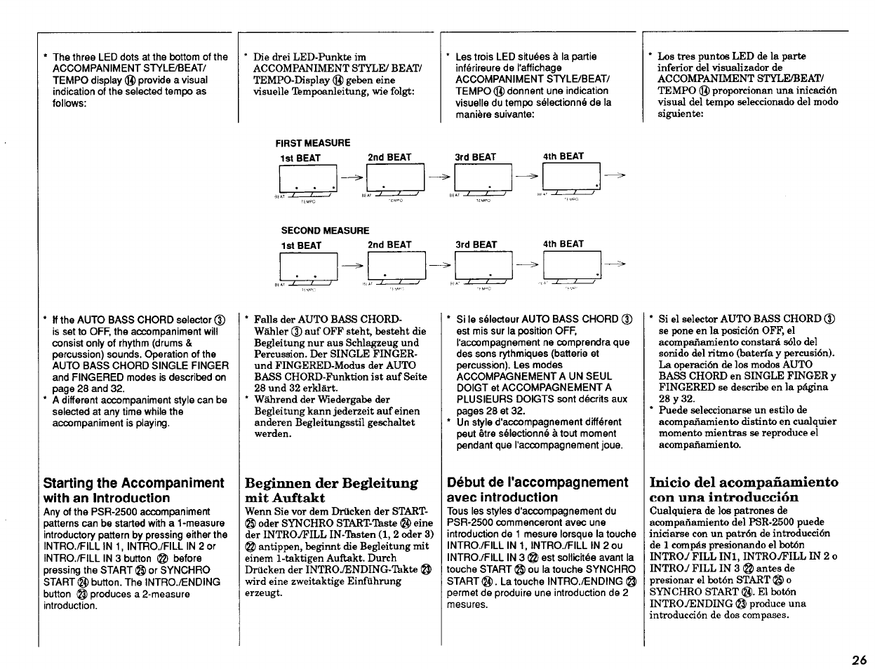 Starting the accompaniment with an introduction, Beginnen der begleitung mit auftakt, Début de l'accompagnement avec introduction | Inicio del acompañamiento con una introducción | Yamaha PSR-2500 User Manual | Page 27 / 68