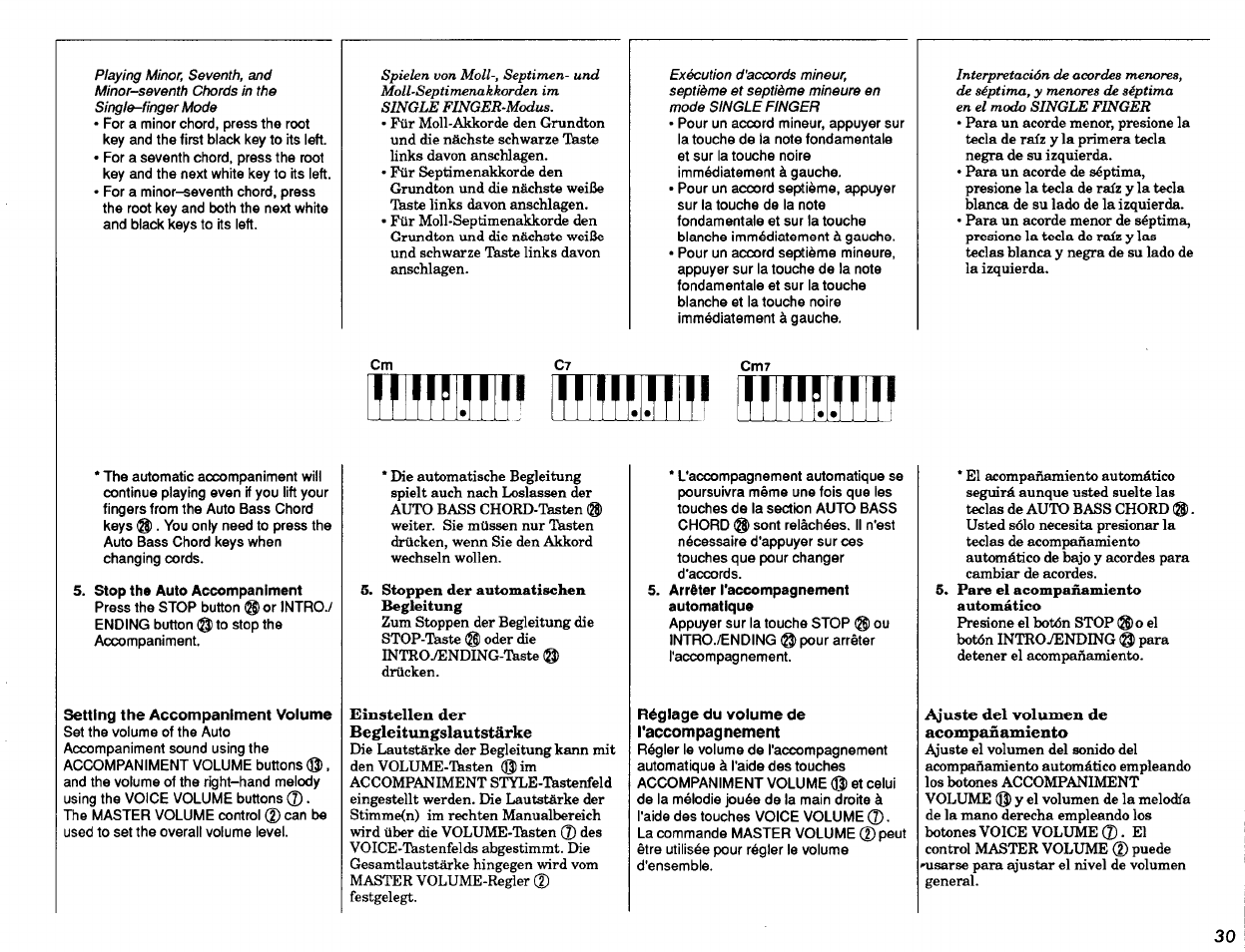 Stop the auto accompaniment, Setting the accompaniment volume, Einstellen der begleitungslautstärke | Arrêter l'accompagnement automatique, Réglage du volume de l'accompagnement, Ajuste del volumen de acompañamiento | Yamaha PSR-2500 User Manual | Page 31 / 68