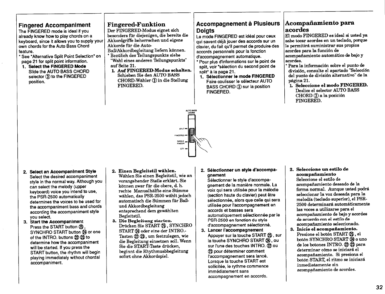 Fingered accompaniment, Fingered-funktion, Accompagnement à plusieurs doigts | Acompañamiento para acordes, Single finger-funktion | Yamaha PSR-2500 User Manual | Page 33 / 68