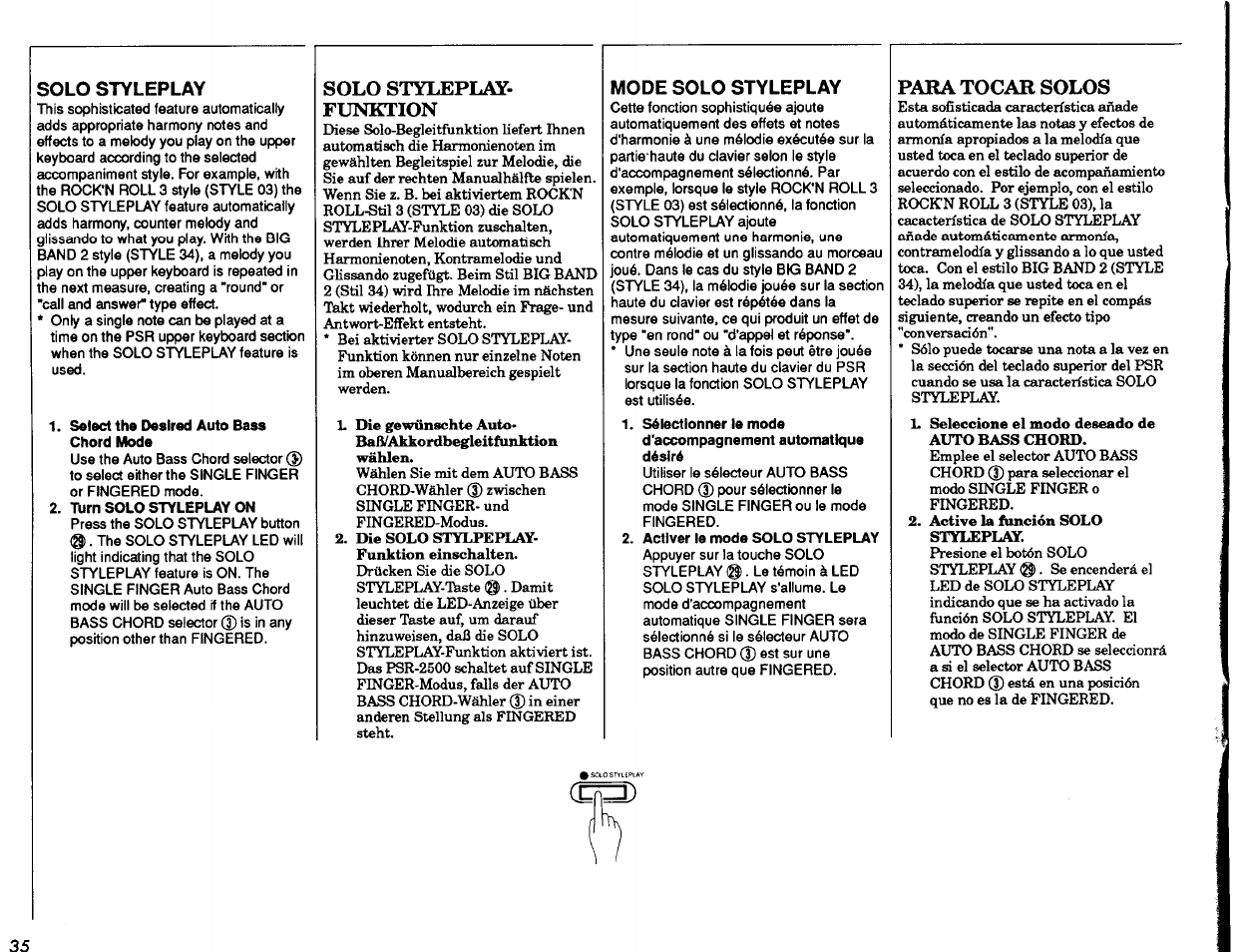 Solo styleplay, Select the desired auto bass chord mode, Turn solo styleplay on | Solo styleplay- funktion, Mode solo styleplay, Activer le mode solo styleplay, Paba tocar solos, Para tocar solos | Yamaha PSR-2500 User Manual | Page 36 / 68