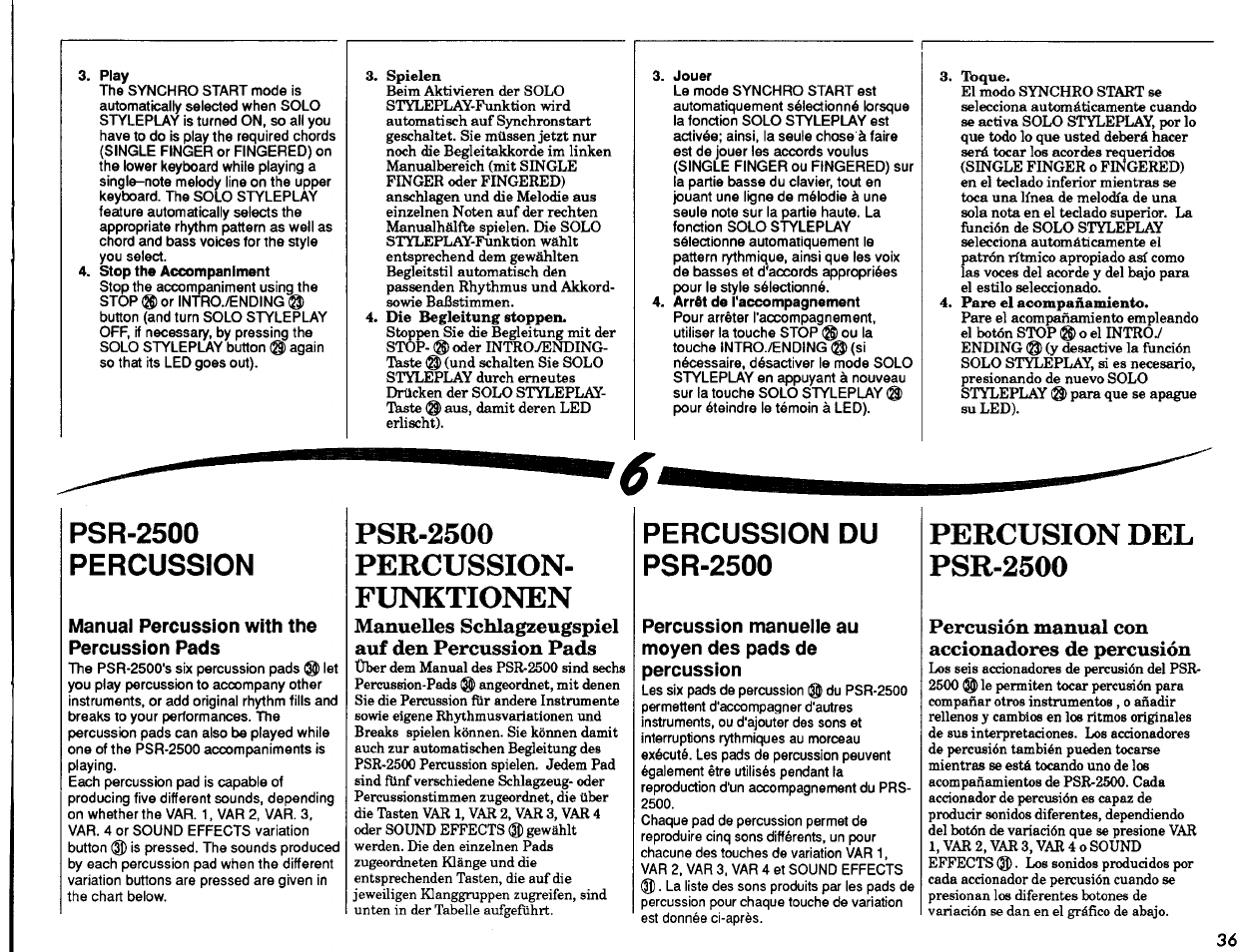 Play, Stop the accompaniment, Jouer | Psr-2500, Percussion, Manual percussion with the percussion pads, The psr-2500's six percussion pads ® let, Funktionen, Manuelles schlagzeugspiel auf den percussion pads, Percussion du psr-2500 | Yamaha PSR-2500 User Manual | Page 37 / 68