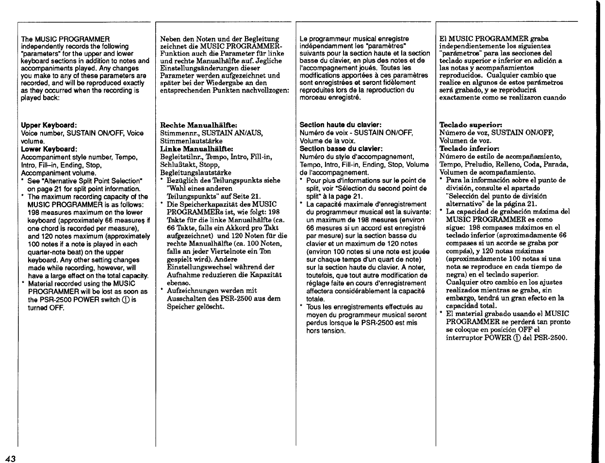 Upper keyboard, Section haute du clavier | Yamaha PSR-2500 User Manual | Page 44 / 68