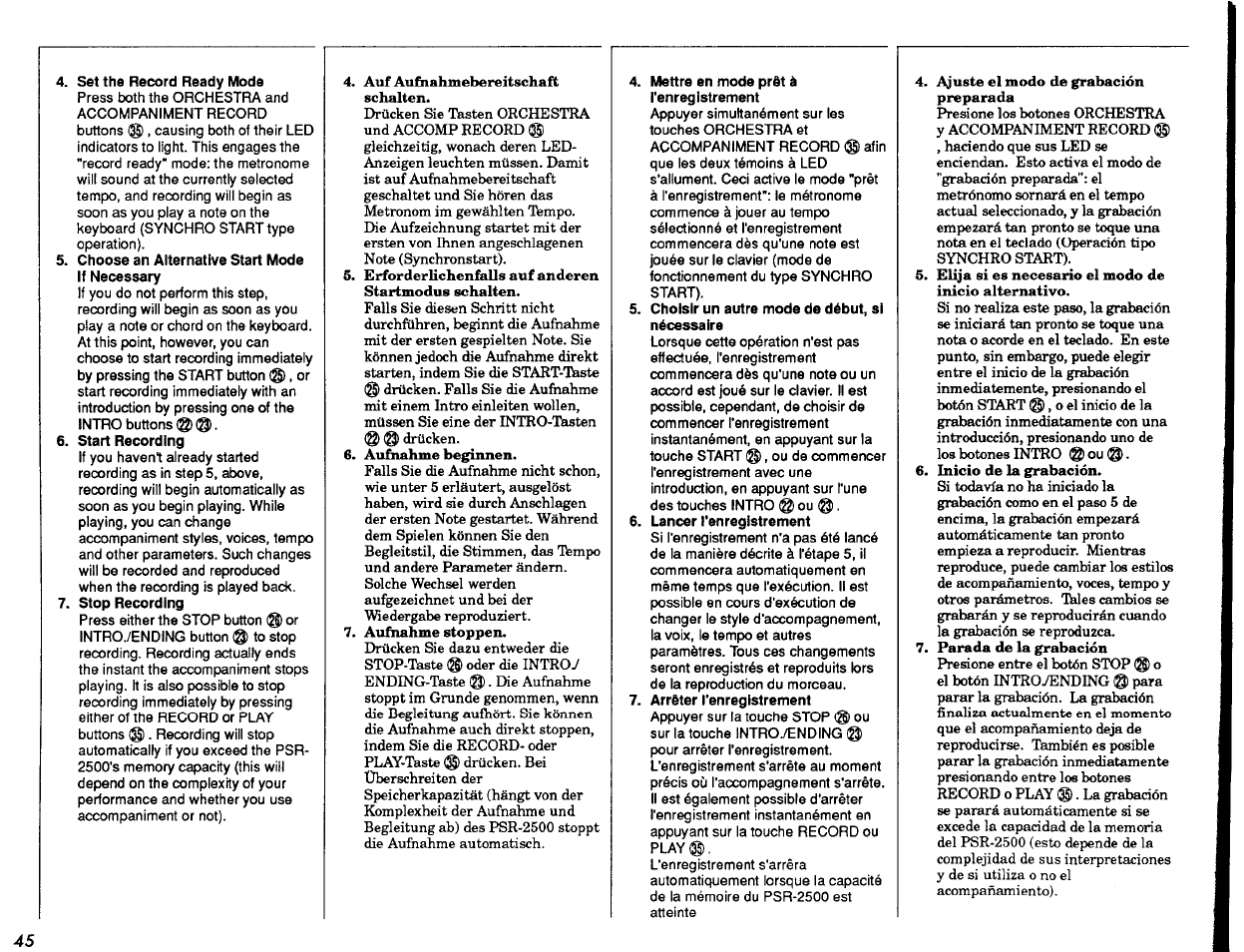 Set the record ready mode, Choose an alternative start mode if necessary, Start recording | Stop recording, Mettre en mode prêt à l'enregistrement, Choisir un autre mode de début, si nécessaire, Lancer l'enregistrement | Yamaha PSR-2500 User Manual | Page 46 / 68