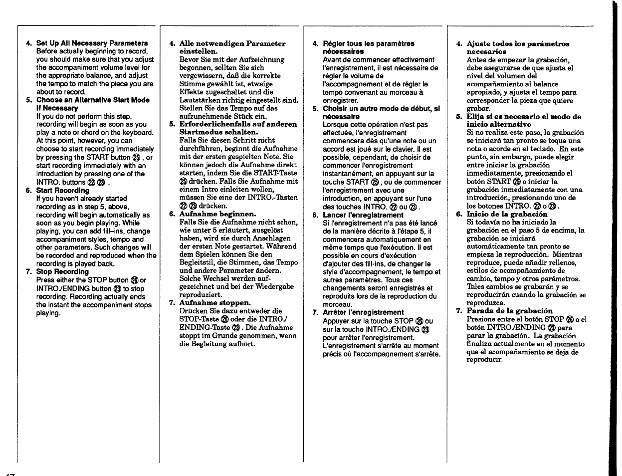 Set up all necessary parameters, Choose an alternative start mode if necessary, Start recording | Stop recording, Régler tous les paramètres nécessaires, Choisir un autre mode de début, si nécessaire, Lancer l'enregistrement, Arrêter l'enregistrement | Yamaha PSR-2500 User Manual | Page 48 / 68