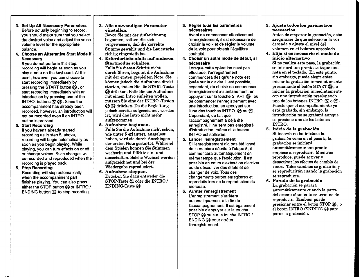 Set up all necessary parameters, Choose an alternative start mode if necessary, Start recording | Stop recording, Régler tous les paramètres nécessaires, Choisir un autre mode de début, si nécessaire, Lancer l'enregistrement, Arrêter l'enregistrement | Yamaha PSR-2500 User Manual | Page 50 / 68