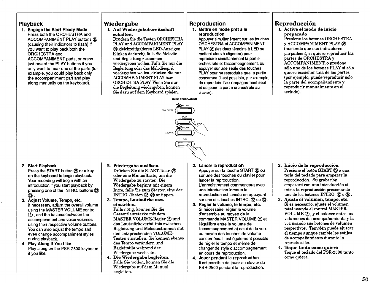 Playback, Wiedergabe, Reproduction | Reproducción | Yamaha PSR-2500 User Manual | Page 51 / 68