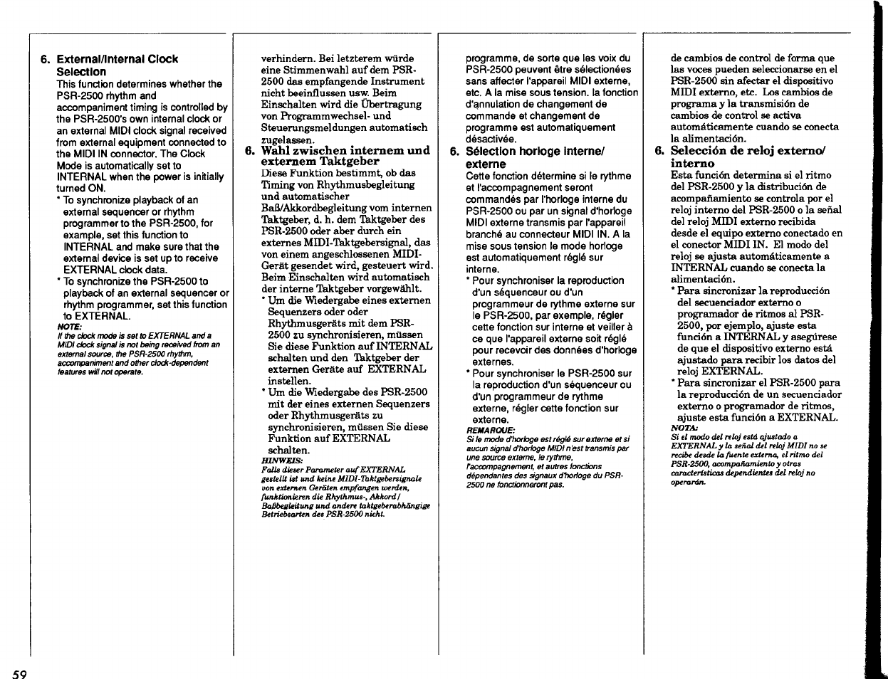 External/internal clock selection, Sélection horloge interne/ externe, Wahl zwischen internem und externem taktgeber | Selección de reloj externo/ interno | Yamaha PSR-2500 User Manual | Page 60 / 68