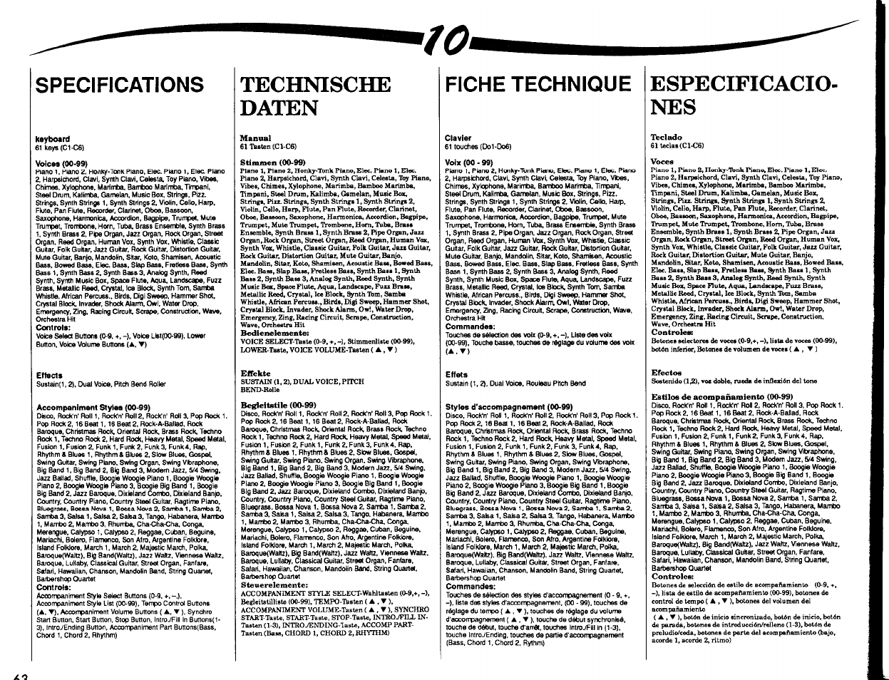 Specifications, Technische, Daten | Fiche technique, Especificacio, Technische daten, Especificacio­ nes | Yamaha PSR-2500 User Manual | Page 64 / 68