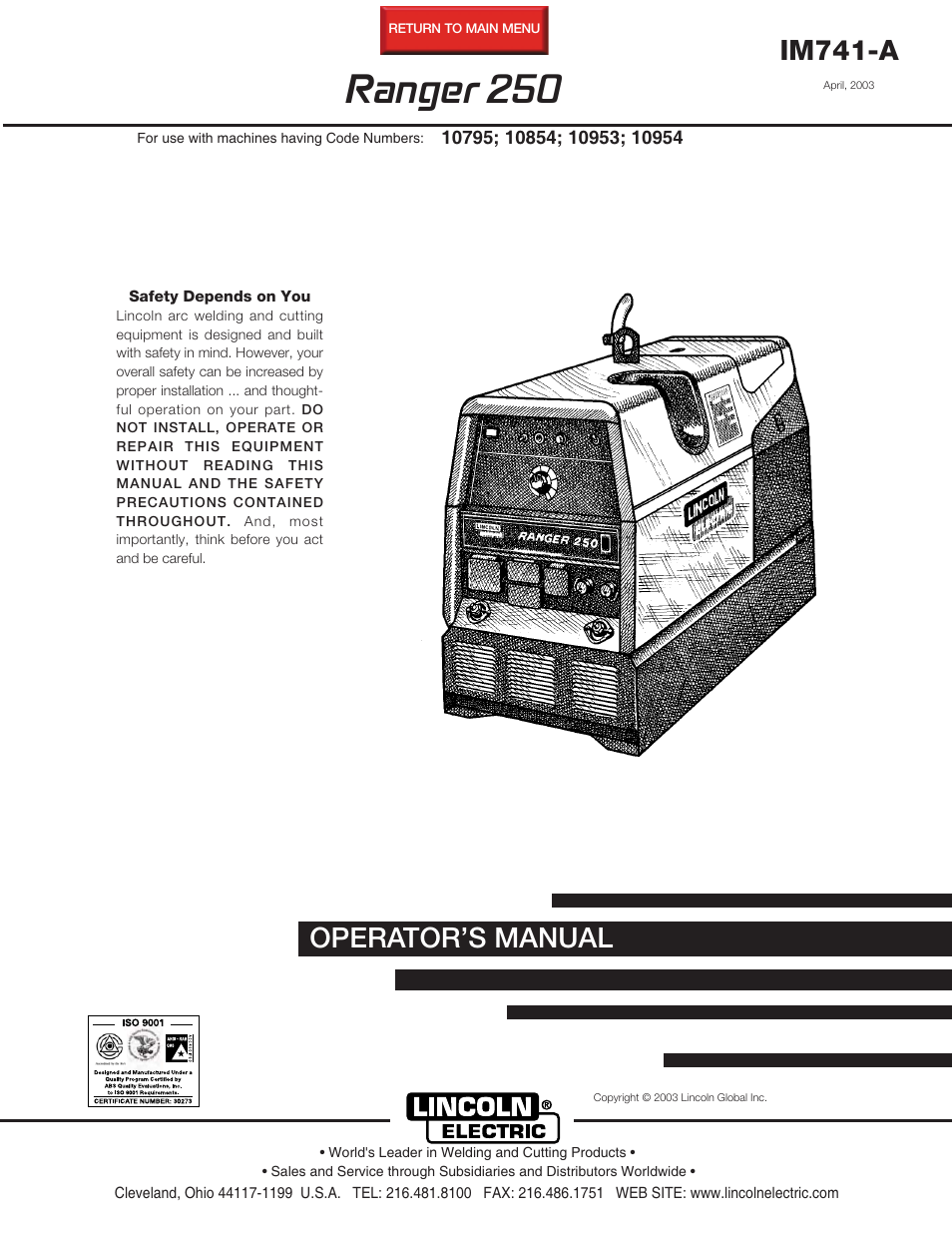 Lincoln Electric IM741 RANGER 250 User Manual | 52 pages