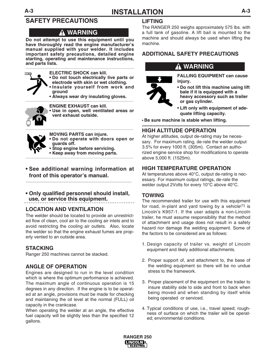 Installation, Safety precautions, Warning | Lincoln Electric IM741 RANGER 250 User Manual | Page 11 / 52