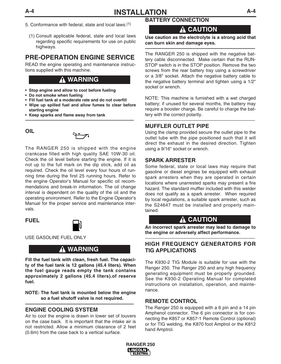 Installation, Pre-operation engine service, Caution | Caution warning warning | Lincoln Electric IM741 RANGER 250 User Manual | Page 12 / 52