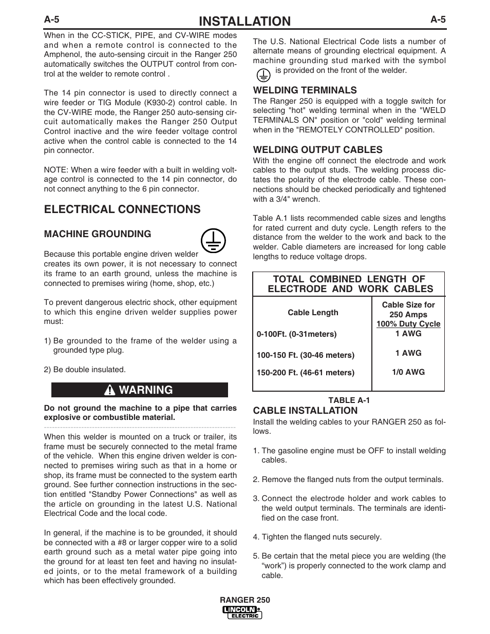 Installation, Electrical connections, Warning | Lincoln Electric IM741 RANGER 250 User Manual | Page 13 / 52