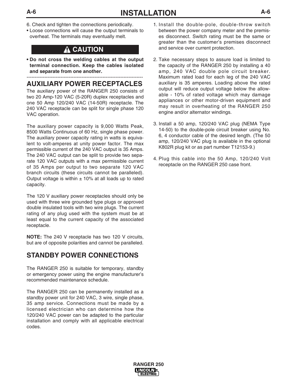 Installation, Auxiliary power receptacles, Standby power connections | Caution | Lincoln Electric IM741 RANGER 250 User Manual | Page 14 / 52