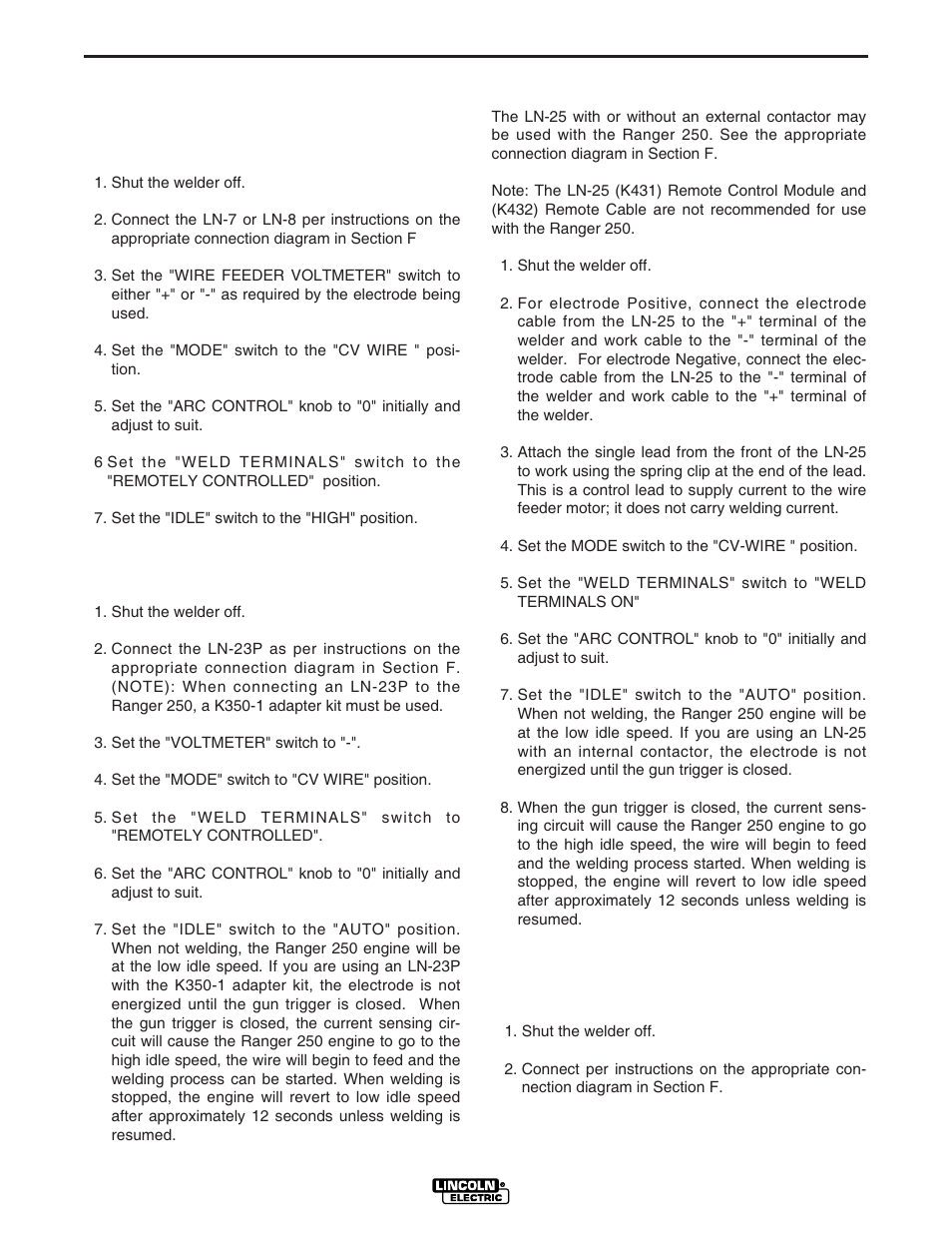 Installation, Connection of lincoln elec- tric wire feeders | Lincoln Electric IM741 RANGER 250 User Manual | Page 16 / 52