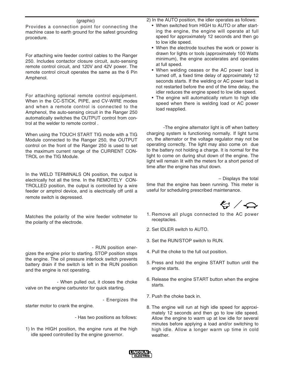 Operation, Engine controls | Lincoln Electric IM741 RANGER 250 User Manual | Page 19 / 52