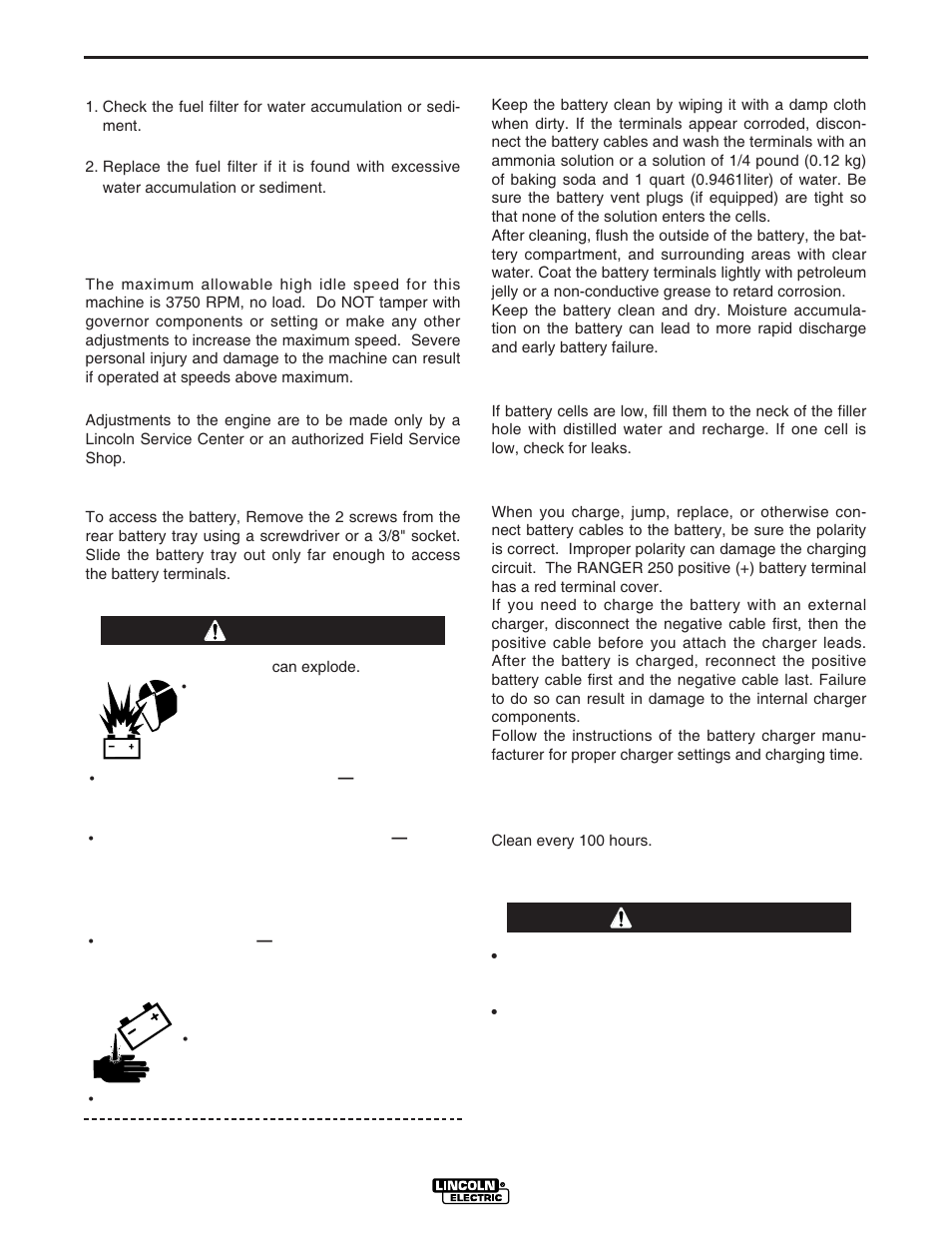 Maintenance, Warning | Lincoln Electric IM741 RANGER 250 User Manual | Page 27 / 52