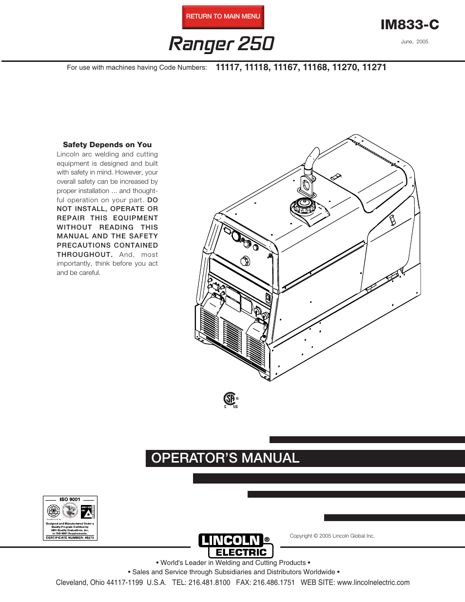 Lincoln Electric IM833 RANGER 250G User Manual | 49 pages