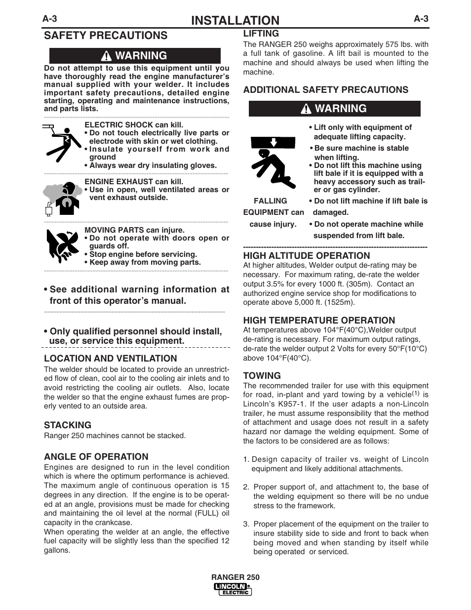 Installation, Safety precautions, Warning | Lincoln Electric IM833 RANGER 250G User Manual | Page 11 / 49