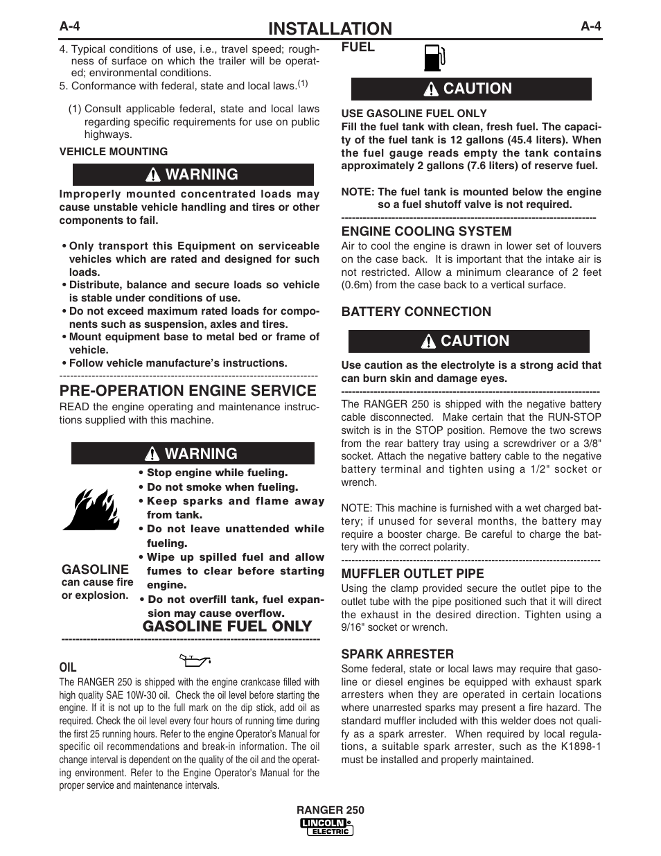 Installation, Pre-operation engine service, Caution | Caution warning, Gasoline fuel only, Warning | Lincoln Electric IM833 RANGER 250G User Manual | Page 12 / 49