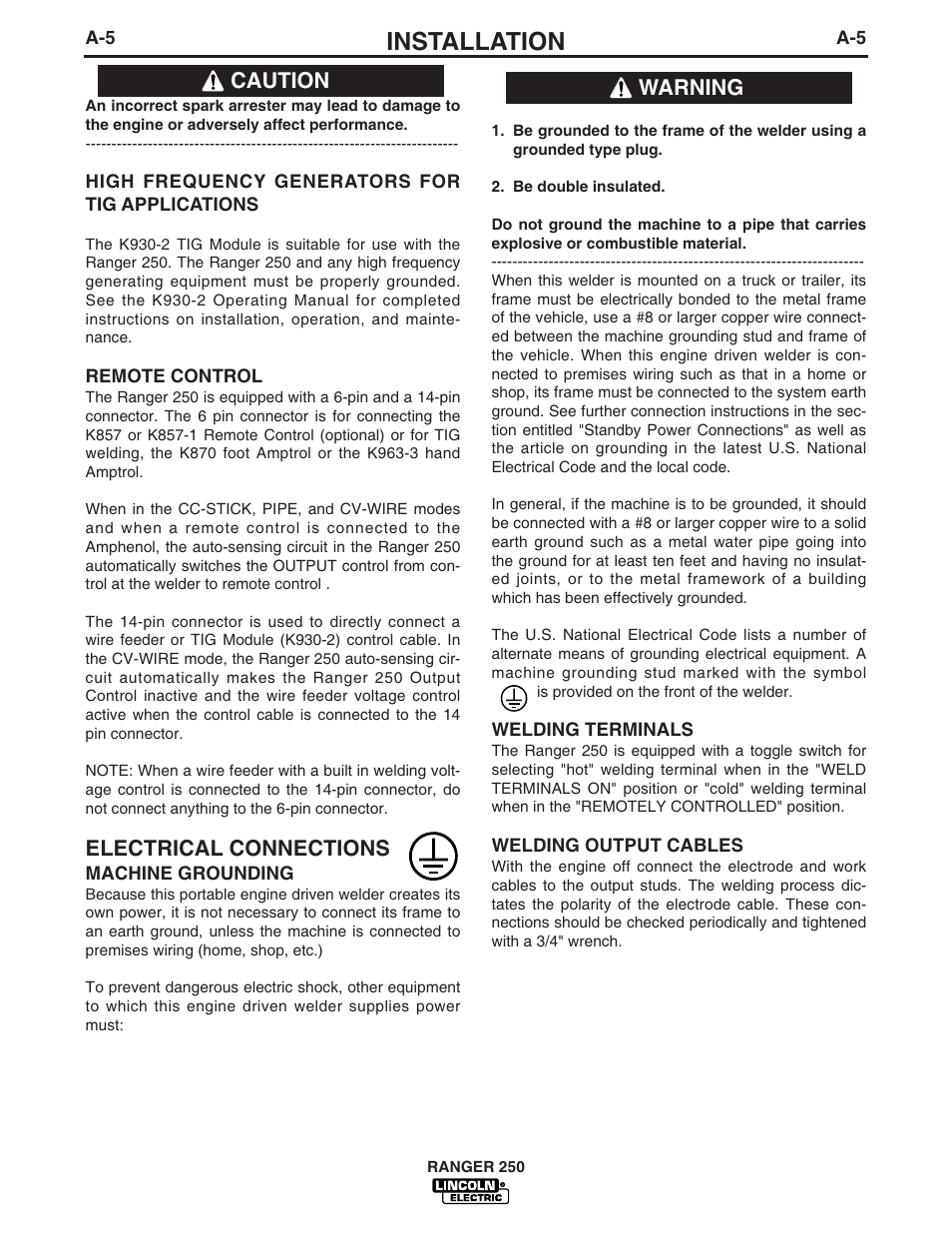 Installation, Electrical connections, Warning caution | Lincoln Electric IM833 RANGER 250G User Manual | Page 13 / 49