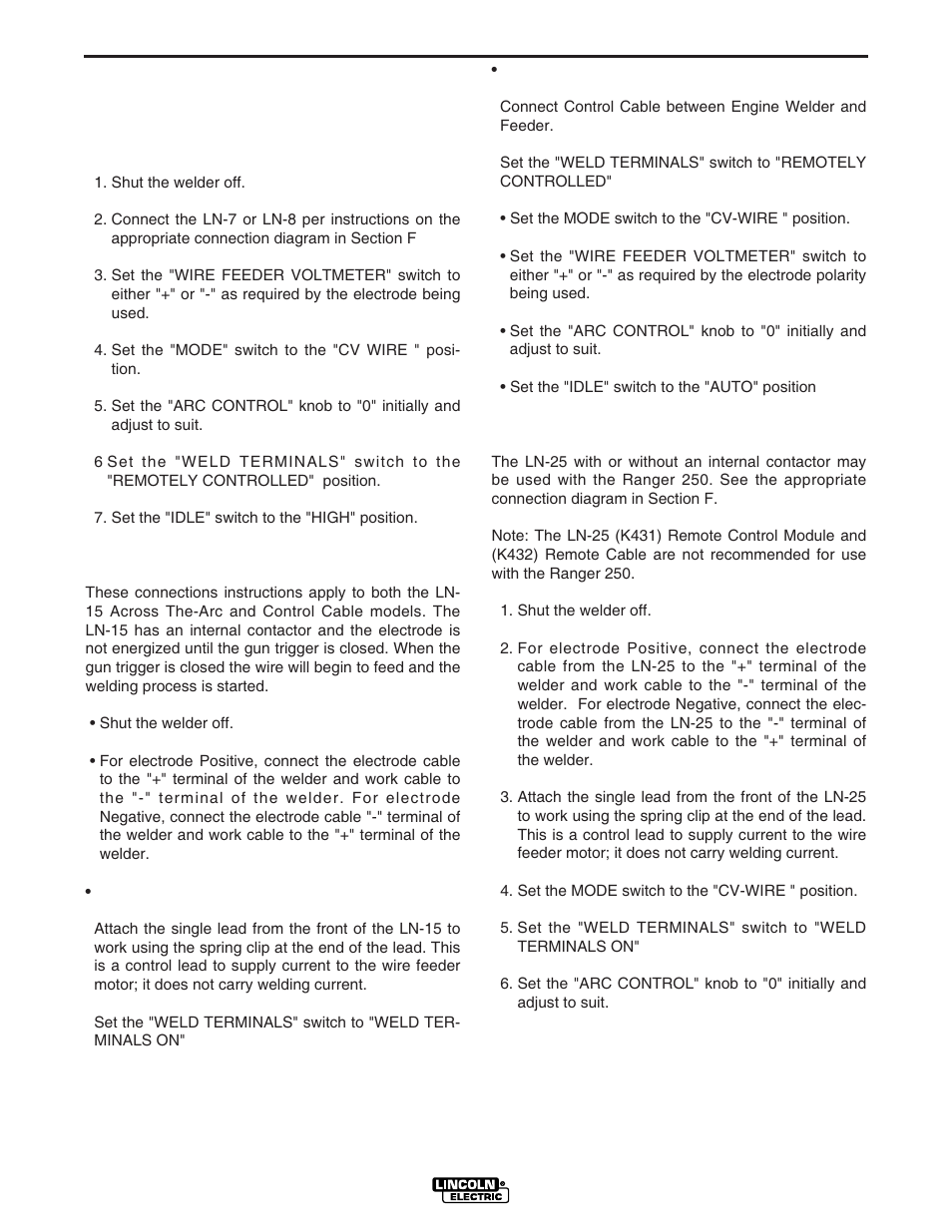 Installation, Connection of lincoln elec- tric wire feeders | Lincoln Electric IM833 RANGER 250G User Manual | Page 16 / 49