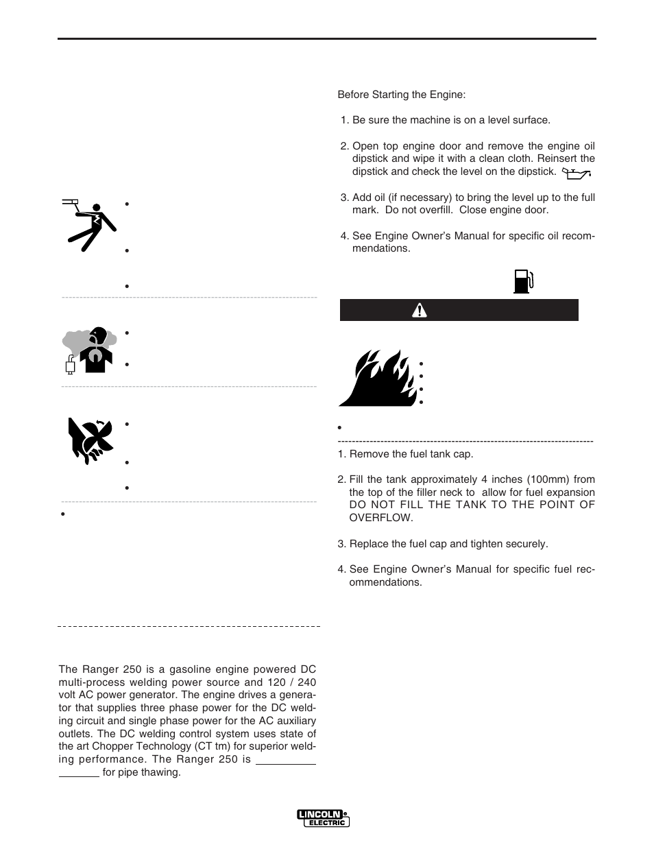 Operation, General description, Design features | Warning safety precautions | Lincoln Electric IM833 RANGER 250G User Manual | Page 18 / 49