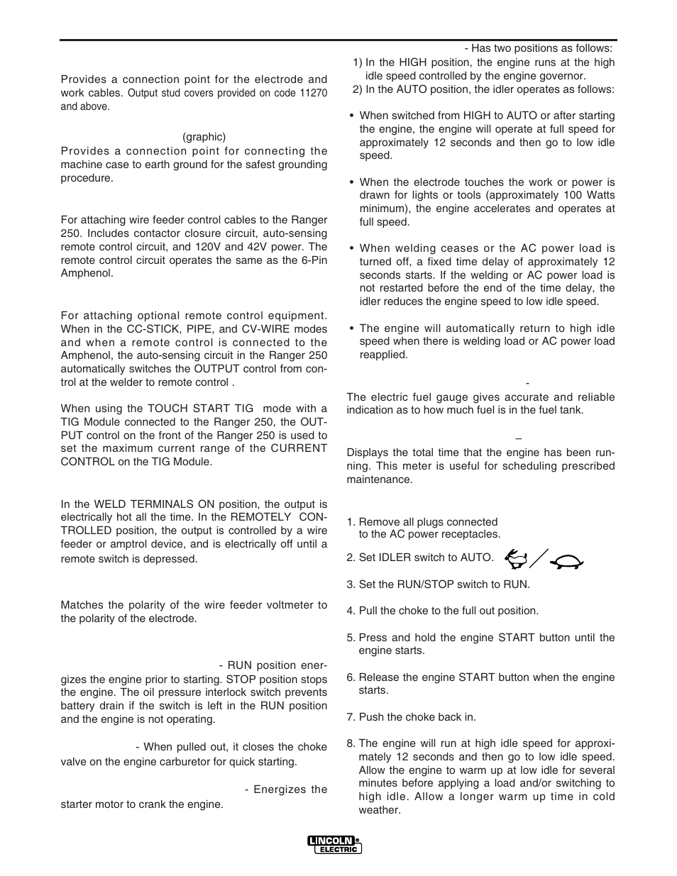 Operation, Engine controls | Lincoln Electric IM833 RANGER 250G User Manual | Page 20 / 49