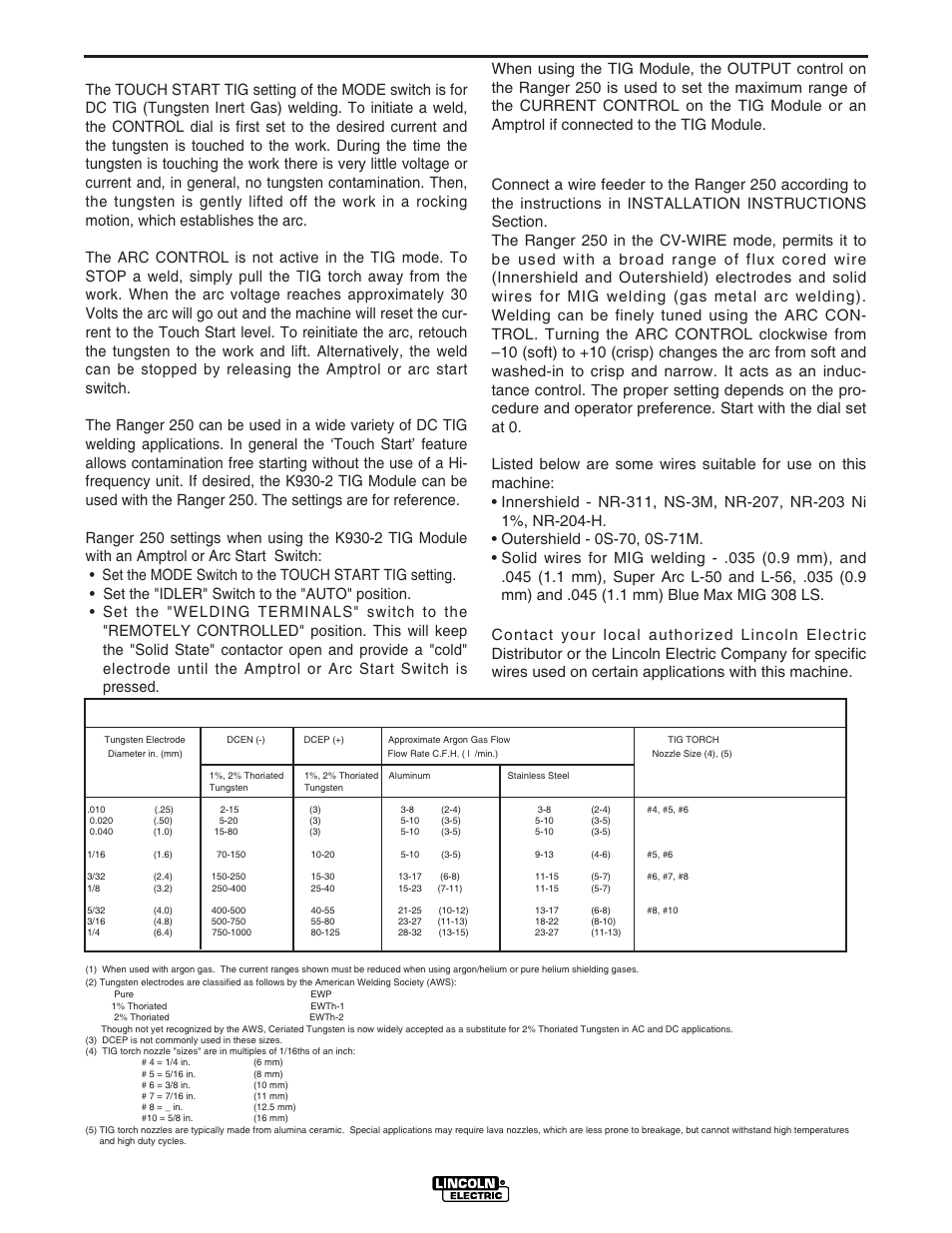 Operation, B-5 tig welding, Wire welding-cv | Typical current ranges, For tungsten electrodes | Lincoln Electric IM833 RANGER 250G User Manual | Page 22 / 49