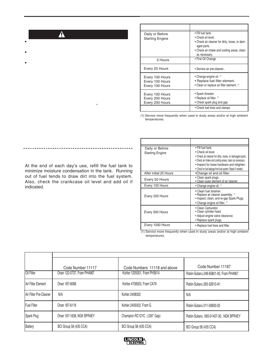 Maintenance, Kohler engine, Safety precautions | Warning, Routine maintenance, Frequency, Maintenance required, Robin-subaru eh64 engine | Lincoln Electric IM833 RANGER 250G User Manual | Page 25 / 49