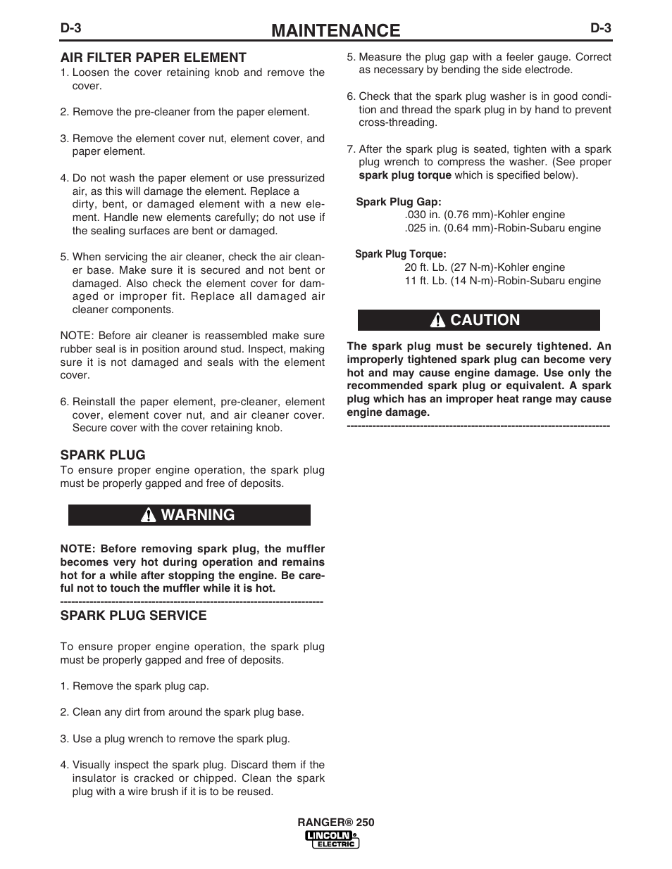 Maintenance, Caution warning | Lincoln Electric IM919 RANGER 250 User Manual | Page 27 / 49