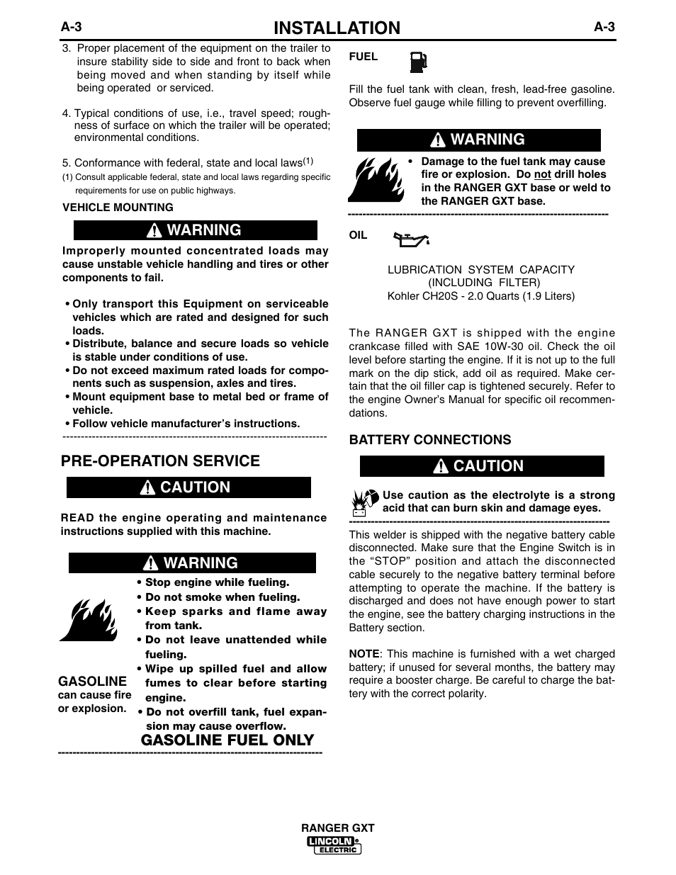 Installation, Pre-operation service, Caution | Warning caution, Gasoline fuel only, Warning | Lincoln Electric IM879 RANGER GXT User Manual | Page 10 / 36