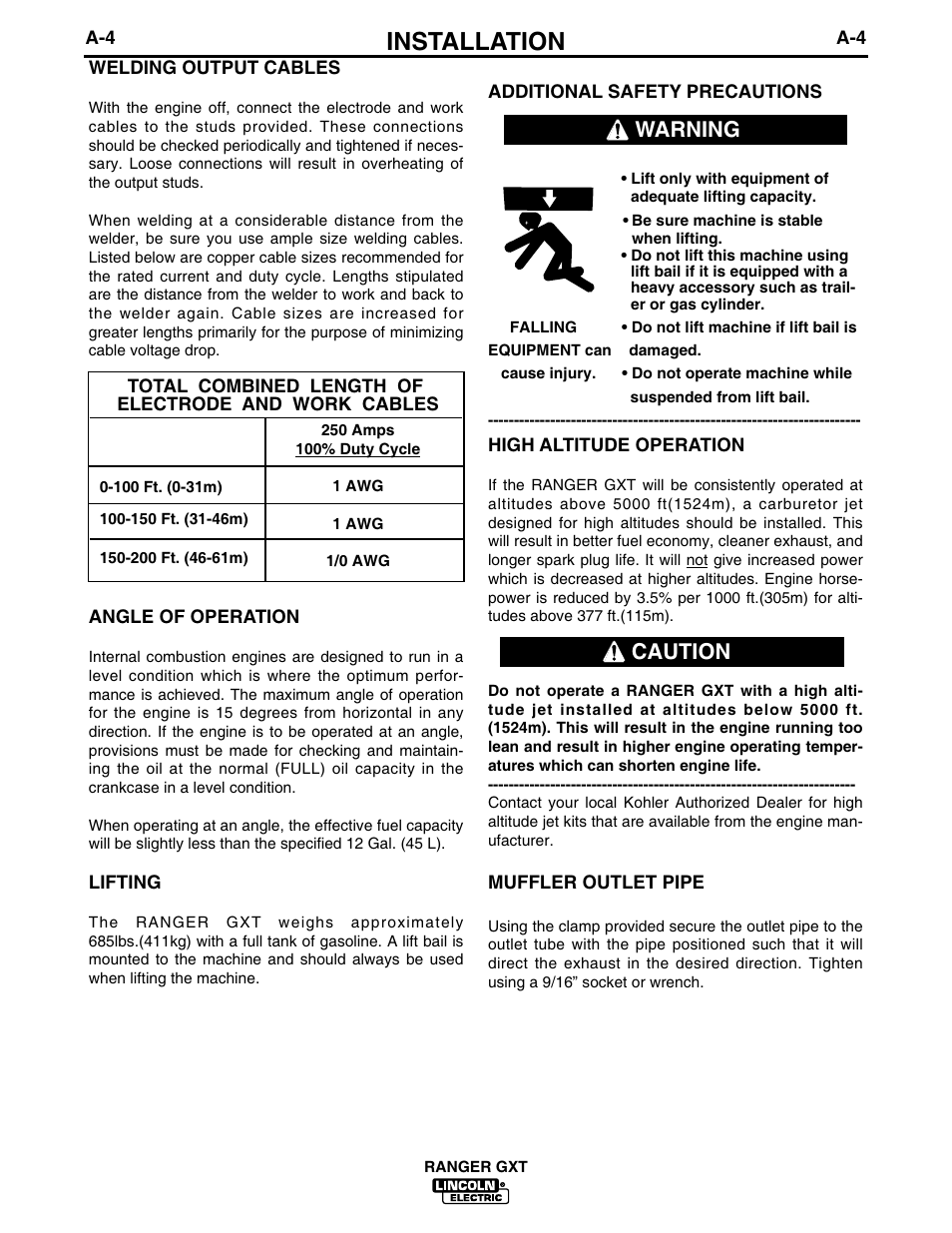 Installation, Caution, Warning | Lincoln Electric IM879 RANGER GXT User Manual | Page 11 / 36