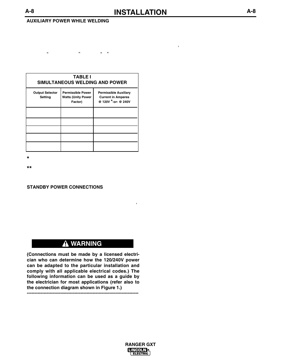 Installation, Warning | Lincoln Electric IM879 RANGER GXT User Manual | Page 15 / 36