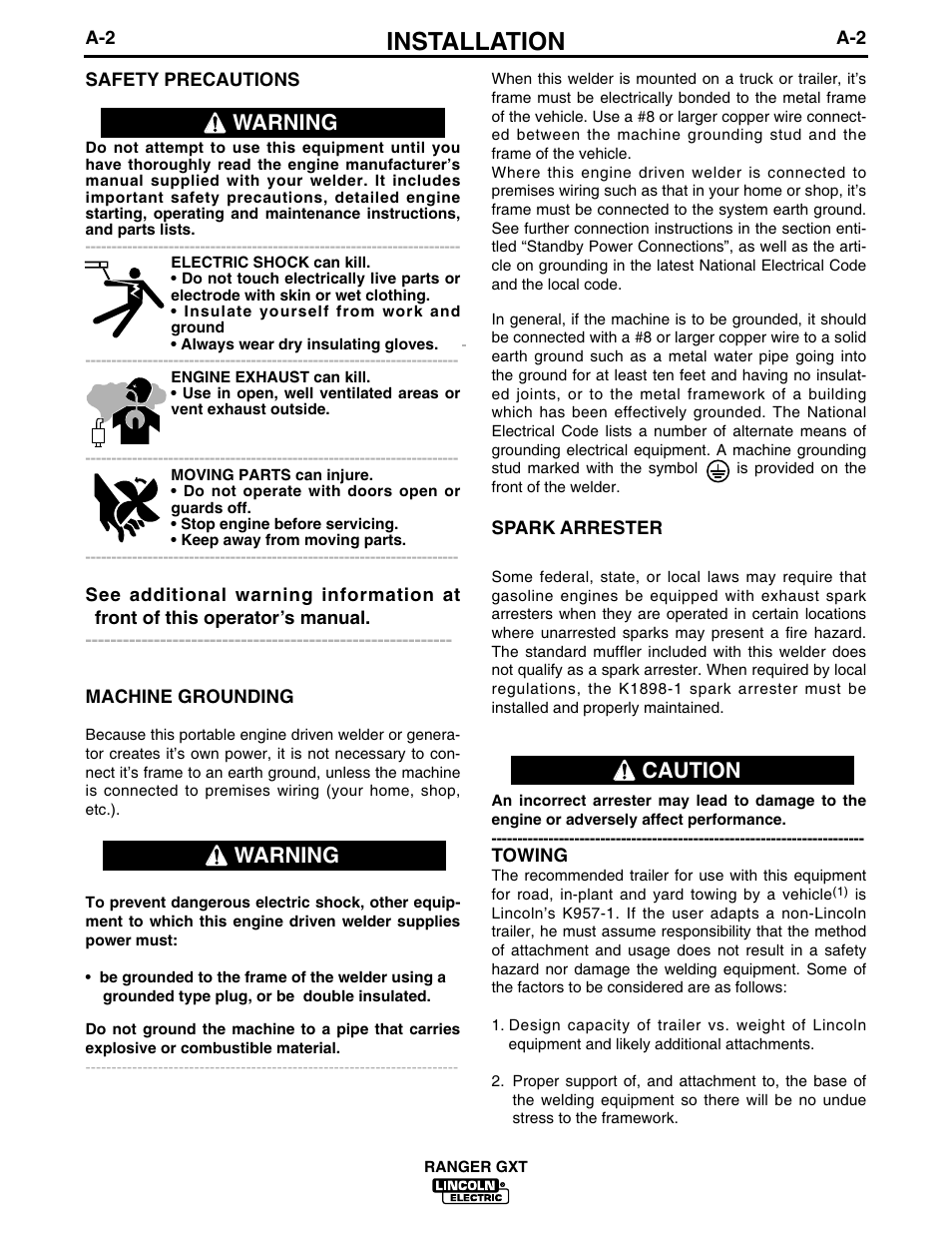 Installation, Caution, Warning | Lincoln Electric IM879 RANGER GXT User Manual | Page 9 / 36