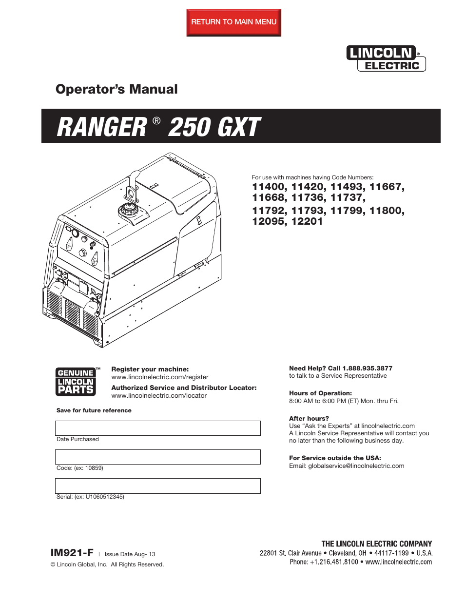 Lincoln Electric IM921 RANGER 250 GXT User Manual | 76 pages