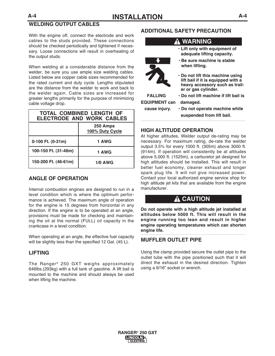 Installation, Caution, Warning | Lincoln Electric IM921 RANGER 250 GXT User Manual | Page 11 / 76