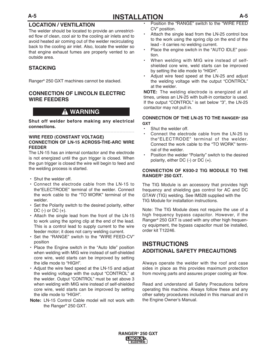 Installation, Instructions, Warning | Lincoln Electric IM921 RANGER 250 GXT User Manual | Page 12 / 76