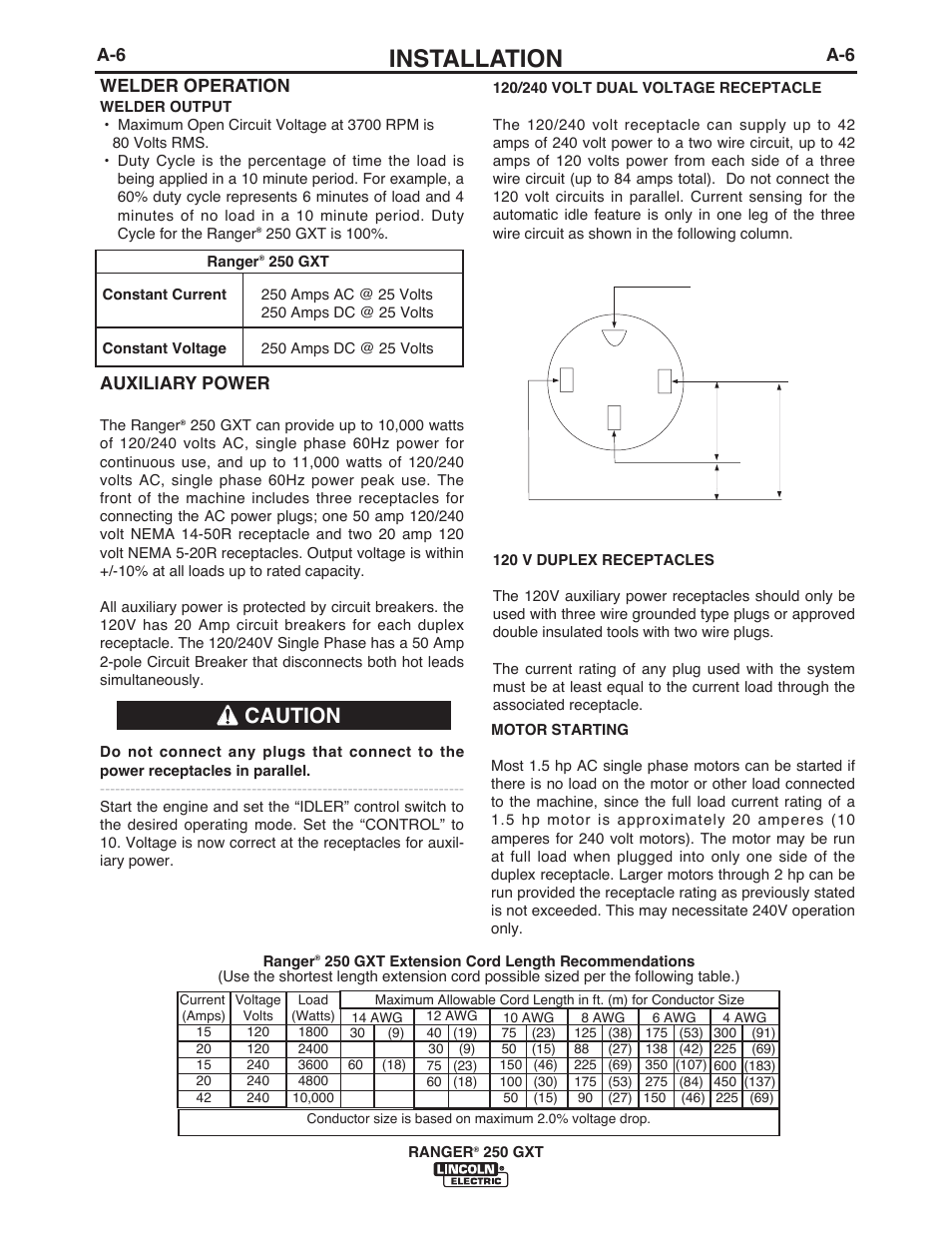 Installation, Caution, Welder operation | Auxiliary power | Lincoln Electric IM921 RANGER 250 GXT User Manual | Page 13 / 76