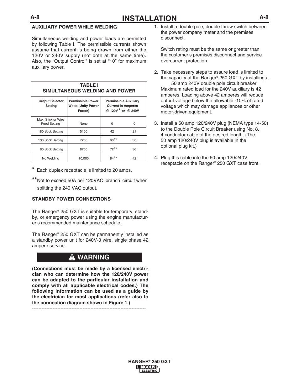 Installation, Warning | Lincoln Electric IM921 RANGER 250 GXT User Manual | Page 15 / 76