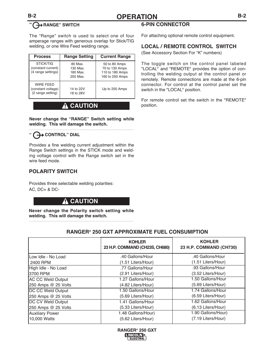 Operation, Caution | Lincoln Electric IM921 RANGER 250 GXT User Manual | Page 18 / 76